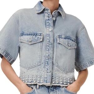 AllSaints Pearl-Embellished Denim Shirt Jacket, NEW